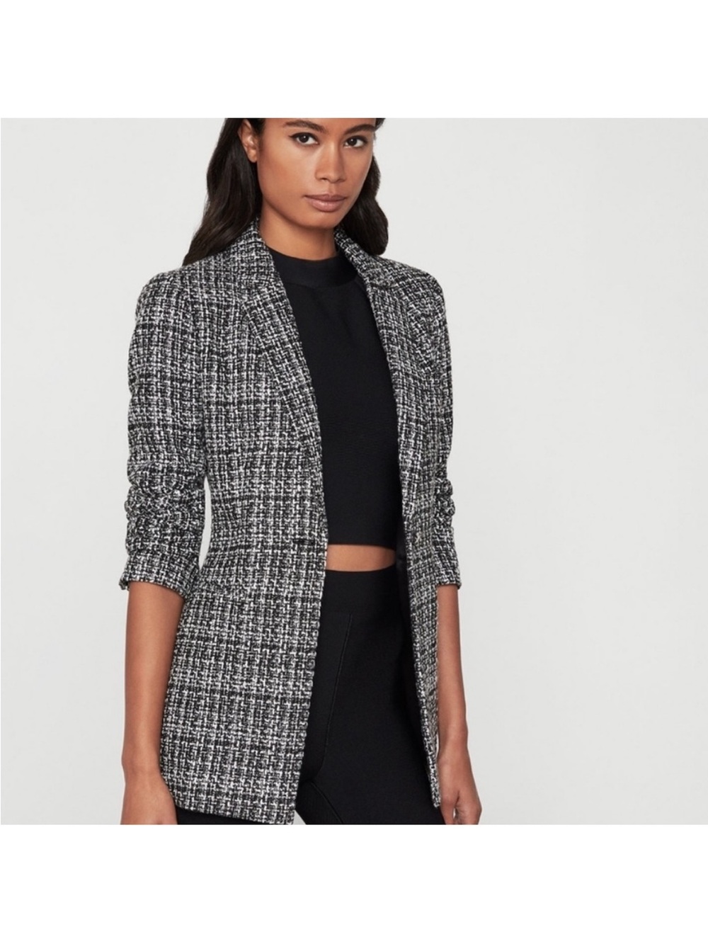 BCBGMaxAzria Black & White Tweed Open-Front Blazer